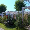 Strutture di bungalow circondate da piante verdi e percorsi pedonali in un ambiente soleggiato.