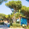 Edificio decorato con palme e alberi sullo sfondo, giornata luminosa.