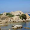 Scogliere rocciose con arbusti, cielo limpido e mare calmo.