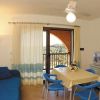 Soggiorno con divano blu, tavolo con sedie, TV, ventilatore a soffitto, vista su un balcone.