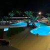 Piscina illuminata di notte, circondata da palme e sedie a sdraio.