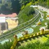 Un percorso da minigolf con decorazioni gialle su erba sintetica e arbusti.