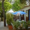 Casa mobile con patio arredato, ombrellone blu e bianco, circondata da piante verdi.